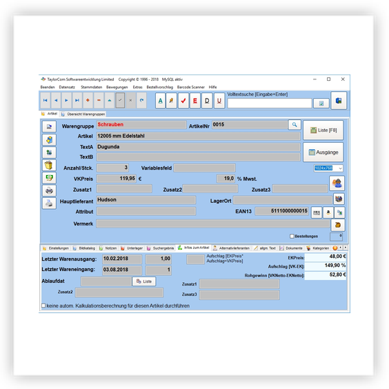 Lagersoftware Hauptansicht