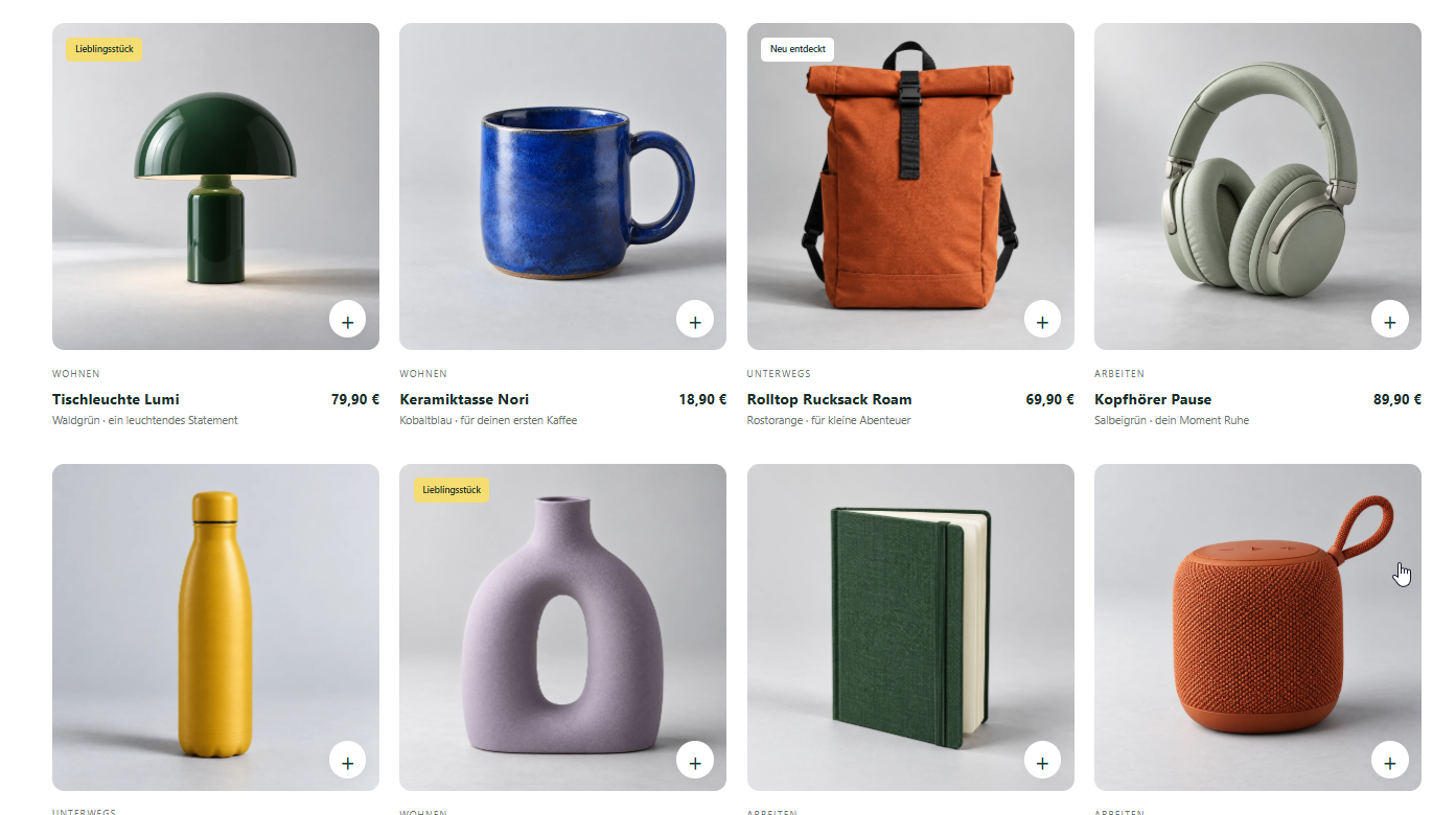 Produktbeispiele im Demoshop: Leuchte, Tasse, Rucksack, Kopfhörer und weitere Artikel